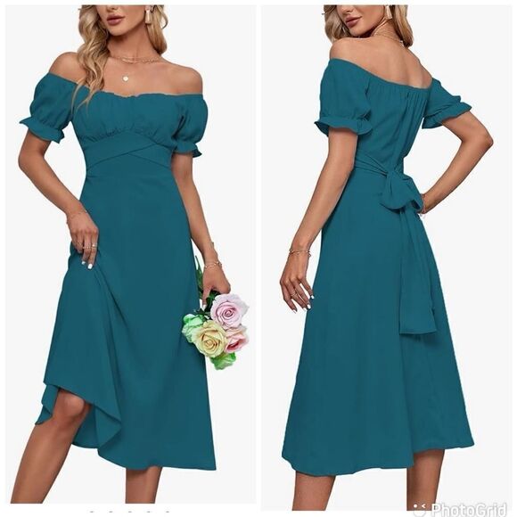 LYANER Women's Off Shoulder Ruffle Wrap Short Puff Sleeve Tie Back Ruched Dress - Picture 1 of 11